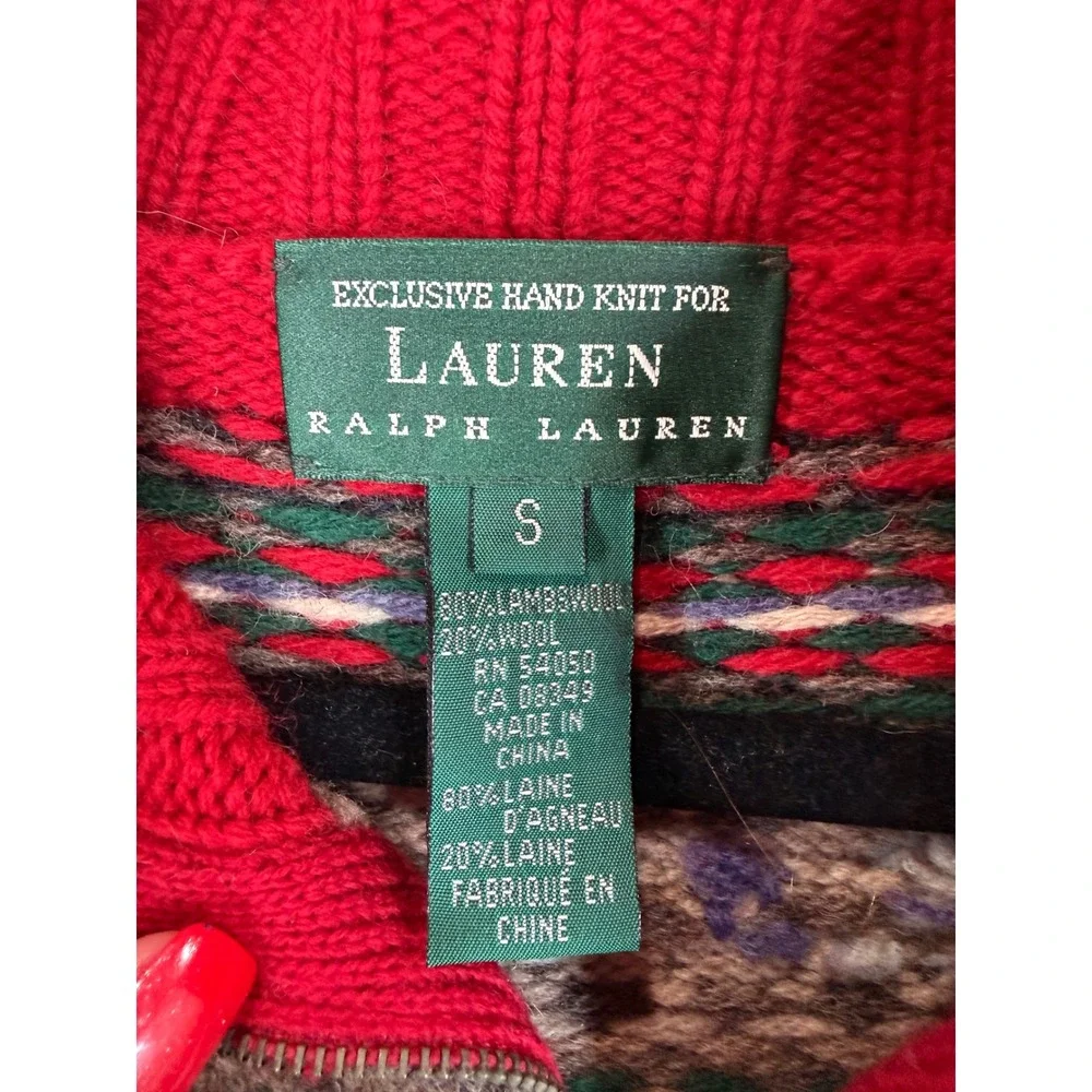 Lauren Ralph Lauren‎ Hand Knit Lambswool Fair Isle Full Zip Sweater Red Small